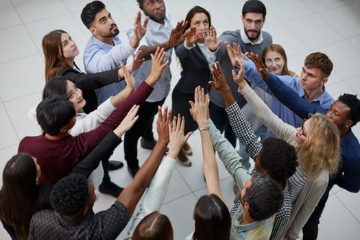 Narrow banner of multiracial people stack hands motivated for shared business success or goal achievement.