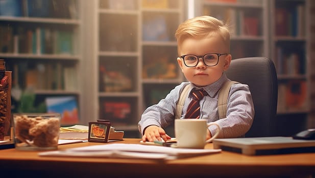 Cute little businessman in business suit working in office. calculates money. Money and savings. Finances, childhood and people. Boy wears suit and tie. Schoolboy sitting at the table. Boy with calculator acounts money. Future education funny business concept wrokaholic