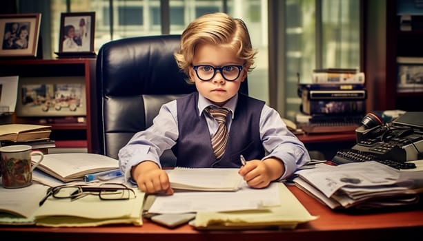 Cute little businessman in business suit working in office. calculates money. Money and savings. Finances, childhood and people. Boy wears suit and tie. Schoolboy sitting at the table. Boy with calculator acounts money. Future education funny business concept wrokaholic