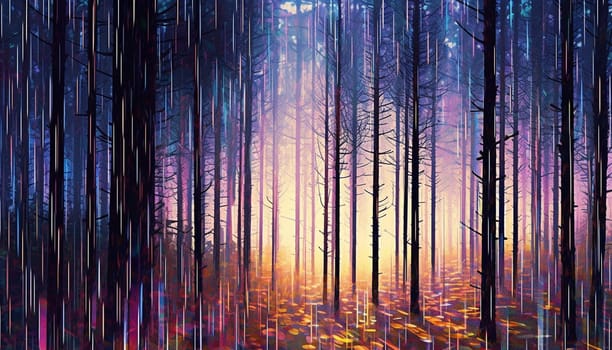 abstract image of a glitch forest background, Fluorescent tropical mystery forest dissorted colorful modern futuristic