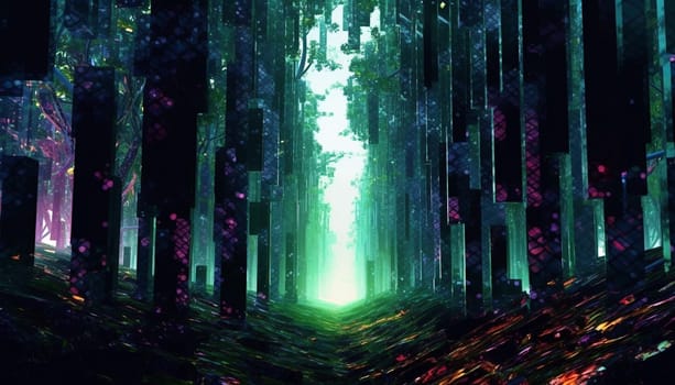 abstract image of a glitch forest background, Fluorescent tropical mystery forest dissorted colorful modern futuristic