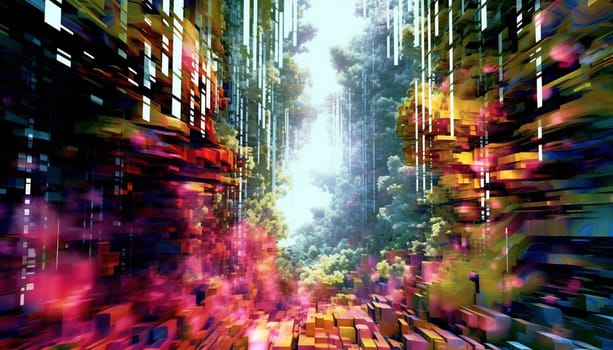 abstract image of a glitch forest background, Fluorescent tropical mystery forest dissorted colorful modern futuristic