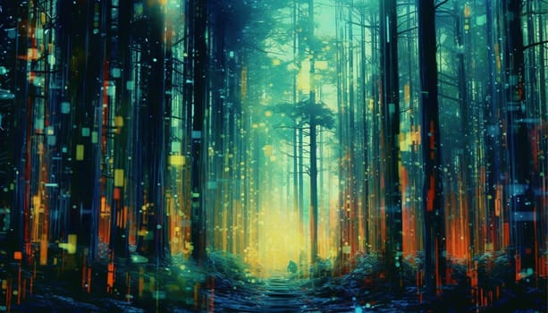 abstract image of a glitch forest background, Fluorescent tropical mystery forest dissorted colorful modern futuristic