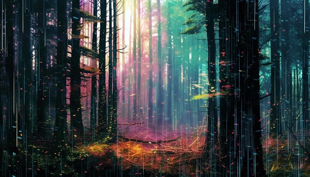 abstract image of a glitch forest background, Fluorescent tropical mystery forest dissorted colorful modern futuristic