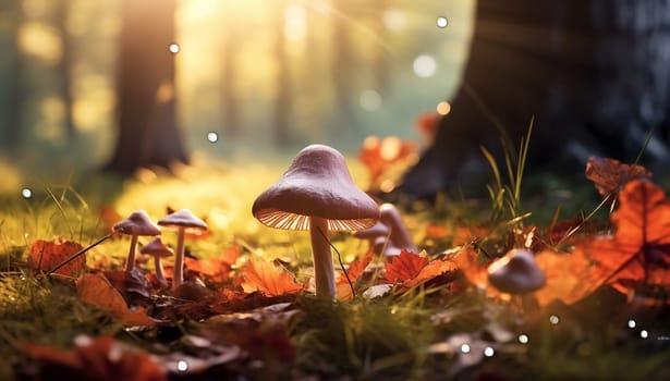 beautiful closeup of forest mushrooms in grass, autumn season. little fresh mushrooms, growing in Autumn Forest. mushrooms and leafs in forest. Mushroom picking concept. Magical colorful yellow fall background beauty