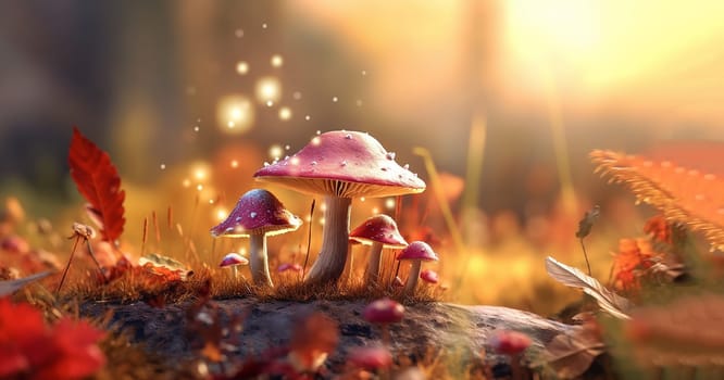 beautiful closeup of forest mushrooms in grass, autumn season. little fresh mushrooms, growing in Autumn Forest. mushrooms and leafs in forest. Mushroom picking concept. Magical colorful yellow fall background beauty