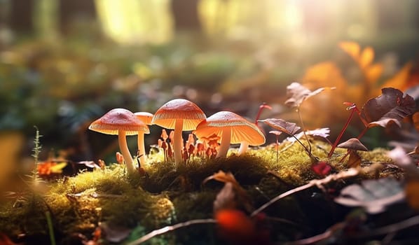 beautiful closeup of forest mushrooms in grass, autumn season. little fresh mushrooms, growing in Autumn Forest. mushrooms and leafs in forest. Mushroom picking concept. Magical colorful yellow fall background beauty