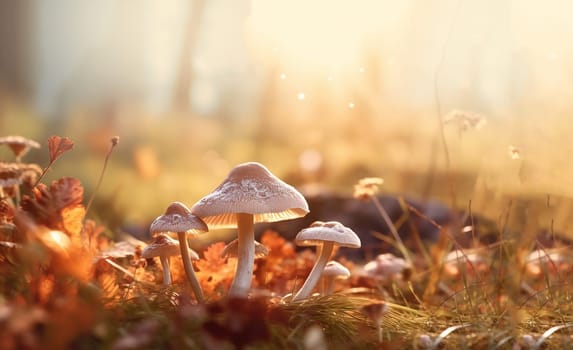 beautiful closeup of forest mushrooms in grass, autumn season. little fresh mushrooms, growing in Autumn Forest. mushrooms and leafs in forest. Mushroom picking concept. Magical colorful yellow fall background beauty