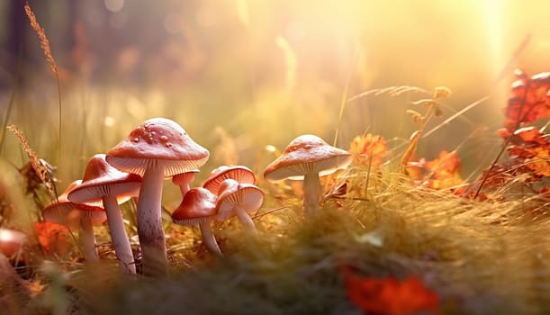 beautiful closeup of forest mushrooms in grass, autumn season. little fresh mushrooms, growing in Autumn Forest. mushrooms and leafs in forest. Mushroom picking concept. Magical colorful yellow fall background beauty