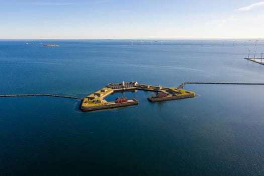 Copenhagen, Denmark - March 08, 2021: Aerial drone view of historic Trekroner Fort