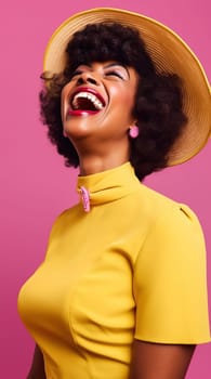 Young african american woman laughing in the studio in a yellow dress on a pink background. Generative AI. High quality illustration