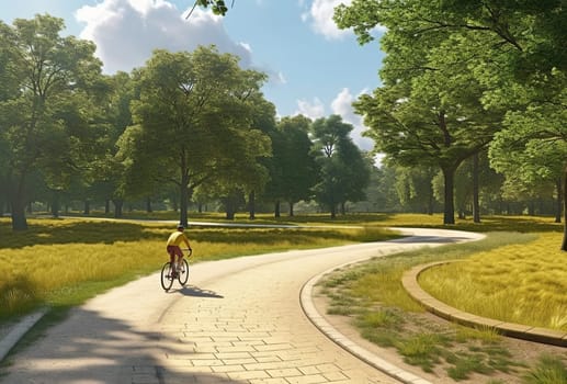 A cyclist rides in a city park. Generative AI. High quality illustration