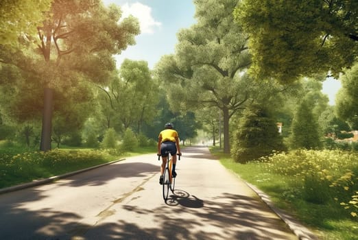A cyclist rides in a city park. Generative AI. High quality illustration