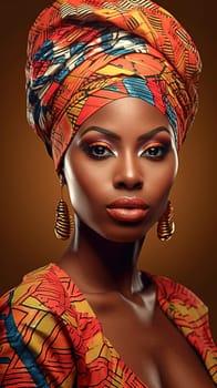 Portrait of an African American woman in a turban with African print. Generative AI. High quality illustration