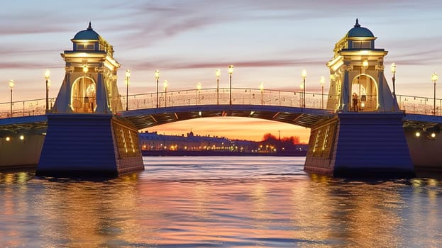 Illuminated bridge across the river at sunset. Generative AI. High quality illustration