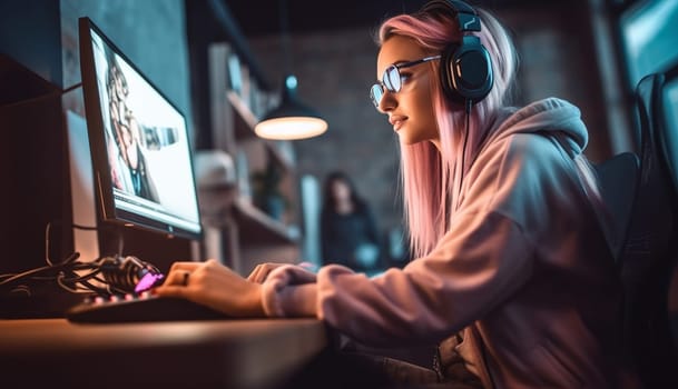 Excited Gamer Girl in Headset with a Mic Playing Online Video Game on Her Personal Computer. She Talks to Other Players. Room and PC have Colorful Warm Neon Led Lights. Cozy Evening at Home. woman