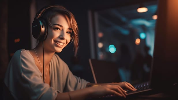Excited Gamer Girl in Headset with a Mic Playing Online Video Game on Her Personal Computer. She Talks to Other Players. Room and PC have Colorful Warm Neon Led Lights. Cozy Evening at Home. woman