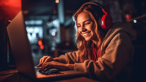 Excited Gamer Girl in Headset with a Mic Playing Online Video Game on Her Personal Computer. She Talks to Other Players. Room and PC have Colorful Warm Neon Led Lights. Cozy Evening at Home. woman