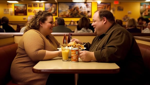 Beautiful overweight Couple Dating in Restaurant. Romantic Couple in Love Dating. Cutel Man and Girl in a Restaurant Making Order. Romantic Concept. having fun fat perspn