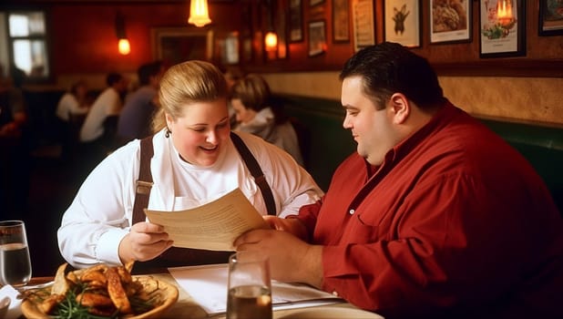 Beautiful overweight Couple Dating in Restaurant. Romantic Couple in Love Dating. Cutel Man and Girl in a Restaurant Making Order. Romantic Concept. having fun fat perspn