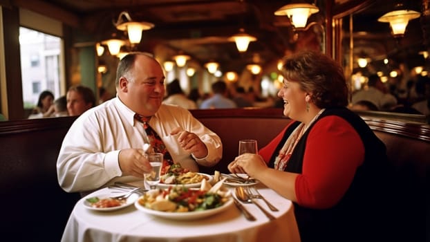 Beautiful overweight Couple Dating in Restaurant. Romantic Couple in Love Dating. Cutel Man and Girl in a Restaurant Making Order. Romantic Concept. having fun fat perspn