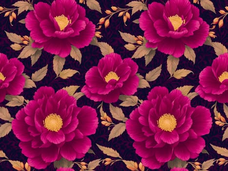 Dark Magenta Peony Flowers on Purple Volet Background, Seamless Pattern. Wallpaper Design for Textiles, Interior, Clothes, Invitations, Postcards, Greetings, Covers. AI Generated