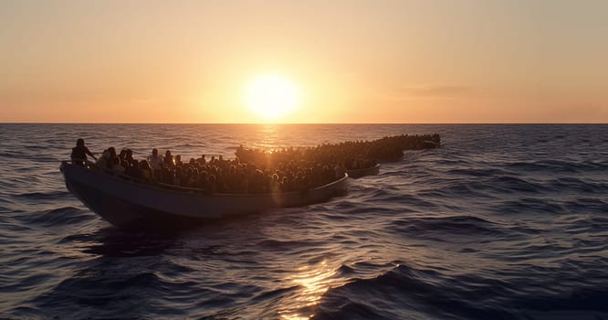 Refugees concept. Boat with refugees at sea,Overload boad with people flee to another country because of the war concept