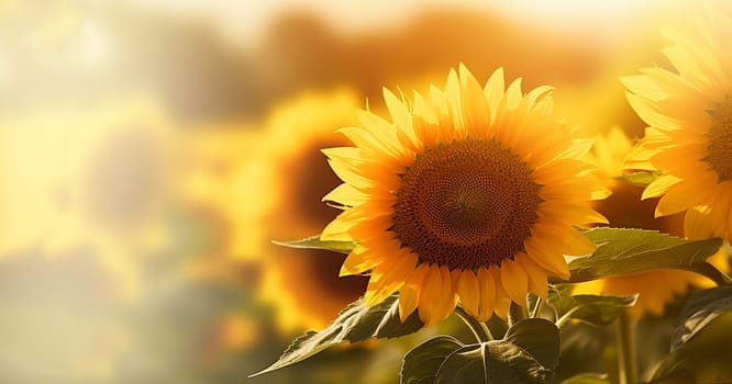 Sunflower field in warm colors at summertime with setting sun background. close-up on one sunflower in summer field landcape.Agricultural background sunset