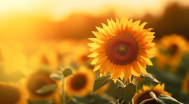Sunflower field in warm colors at summertime with setting sun background. close-up on one sunflower in summer field landcape.Agricultural background sunset