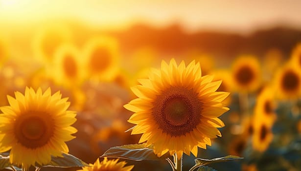 Sunflower field in warm colors at summertime with setting sun background. close-up on one sunflower in summer field landcape.Agricultural background sunset