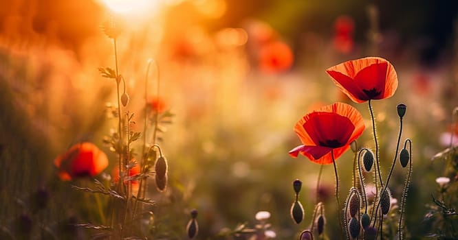 Bright poppy flowers against colorful sky. Field of wild poppies on a sunny spring day. Floral banner. Red poppy as a symbol of the memory of the victims of the war. morning sunlight. Magical landscape beauty