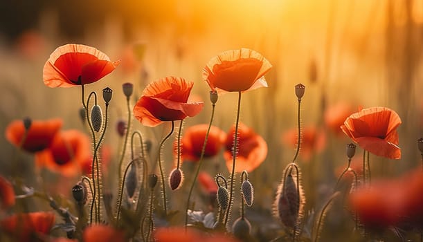 Bright poppy flowers against colorful sky. Field of wild poppies on a sunny spring day. Floral banner. Red poppy as a symbol of the memory of the victims of the war. morning sunlight. Magical landscape beauty