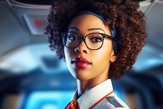 Portrait of an African American stewardess. Generative AI. High quality illustration