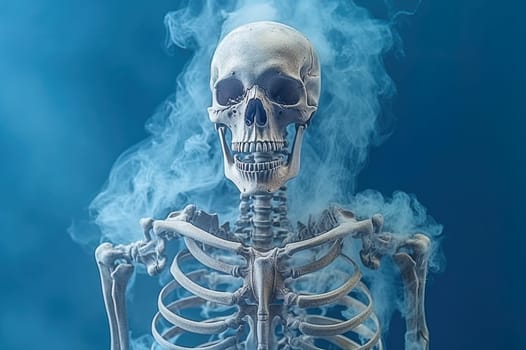 Human skeleton in smoke. The concept of smoky lungs, harm to health. Generative AI. High quality illustration