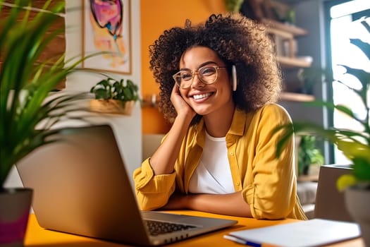 A beautiful girl with a smile on her face communicates with colleagues online, on a laptop. Generative AI. High quality illustration
