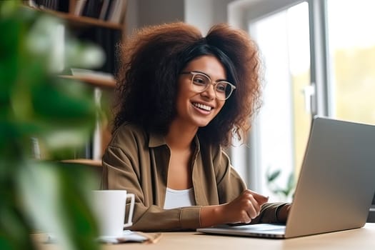 A beautiful girl with a smile on her face communicates with colleagues online, on a laptop. Generative AI. High quality illustration