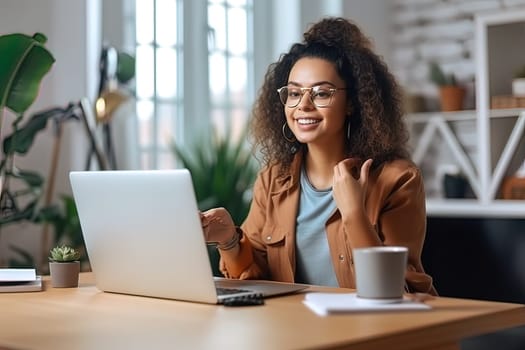 A beautiful girl with a smile on her face communicates with colleagues online, on a laptop. Generative AI. High quality illustration