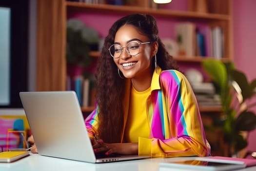 A beautiful girl with a smile on her face communicates with colleagues online, on a laptop. Generative AI. High quality illustration