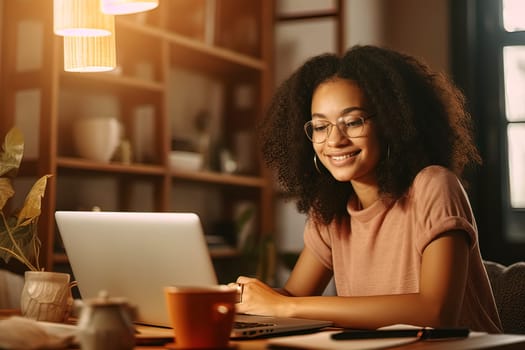 A beautiful girl with a smile on her face communicates with colleagues online, on a laptop. Generative AI. High quality illustration