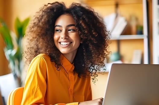 A beautiful girl with a smile on her face communicates with colleagues online, on a laptop. Generative AI. High quality illustration