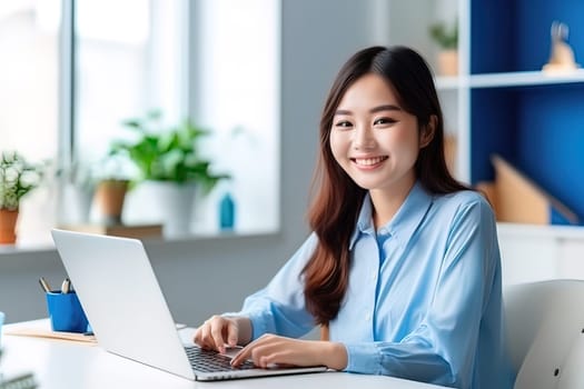 A beautiful Japanese girl with a smile on her face communicates with colleagues online, on a laptop. Generative AI. High quality illustration