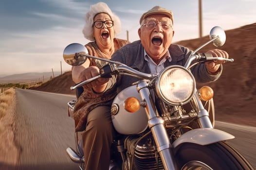 An elderly couple of pensioners ride a motorcycle on the roads of Europe. Emotions of delight on the faces. Generative AI. High quality illustration