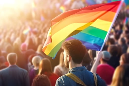 People at the demonstration with the flag of the LGBT community. Generative AI. High quality illustration