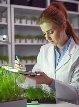 Biologist woman researching microgreens in the laboratory. Generative AI. High quality illustration
