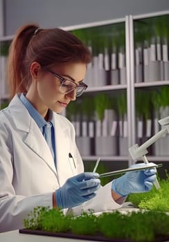 Biologist woman researching microgreens in the laboratory. Generative AI. High quality illustration