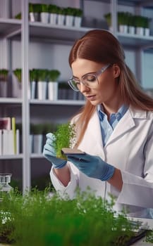 Biologist woman researching microgreens in the laboratory. Generative AI. High quality illustration
