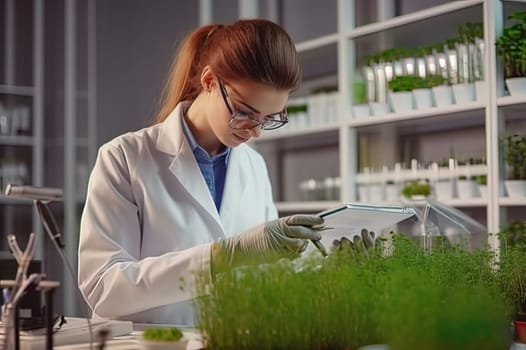 Biologist woman researching microgreens in the laboratory. Generative AI. High quality illustration