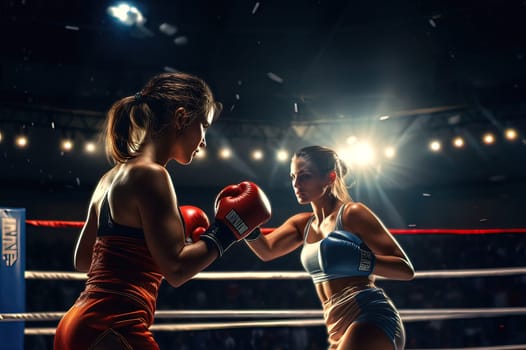 Girl boxer trains in the boxing gym. Generative AI. High quality illustration