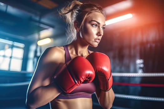 Girl boxer trains in the boxing gym. Generative AI. High quality illustration