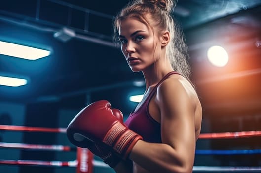 Girl boxer trains in the boxing gym. Generative AI. High quality illustration